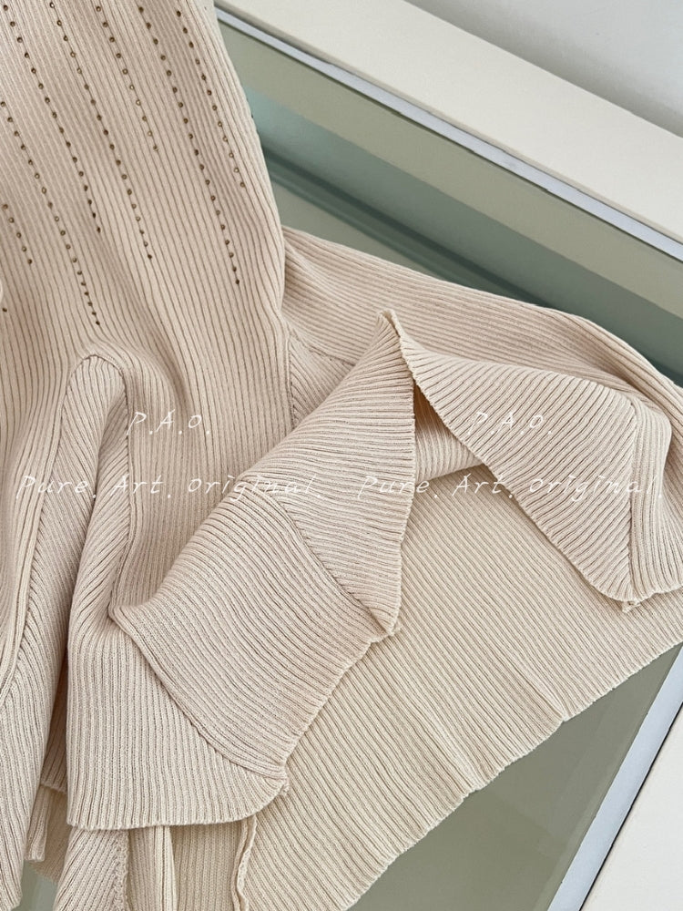 Sleeveless Ribbed Rhinestone Ruffle Knit Dress