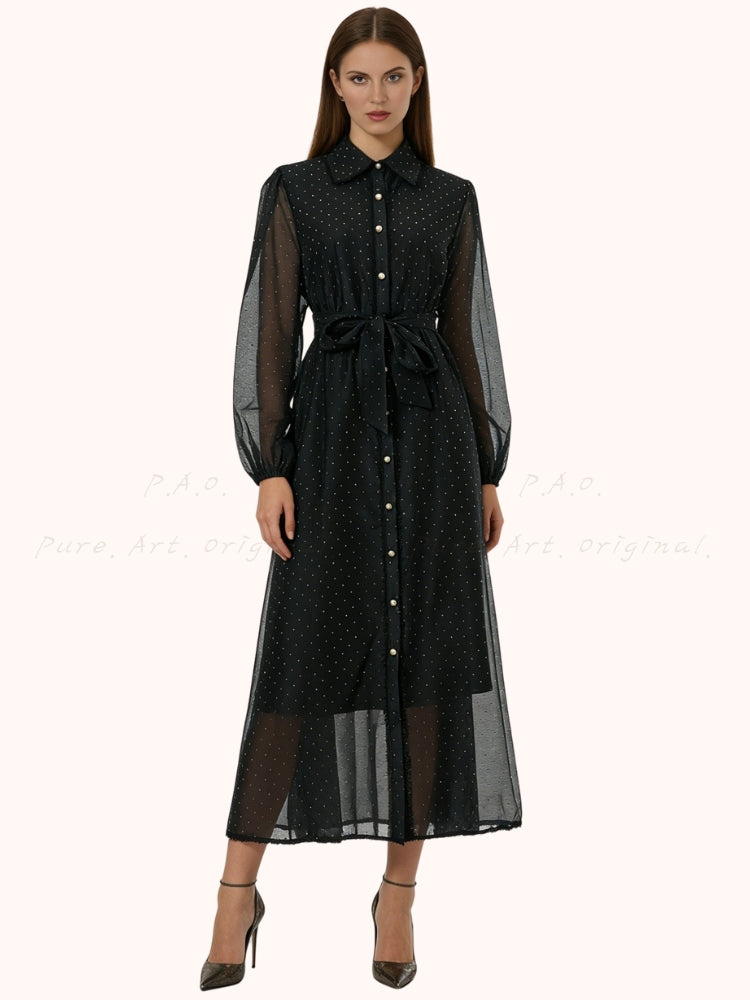 Rhinestone Organza Trim Tie-Waist Maxi Dress