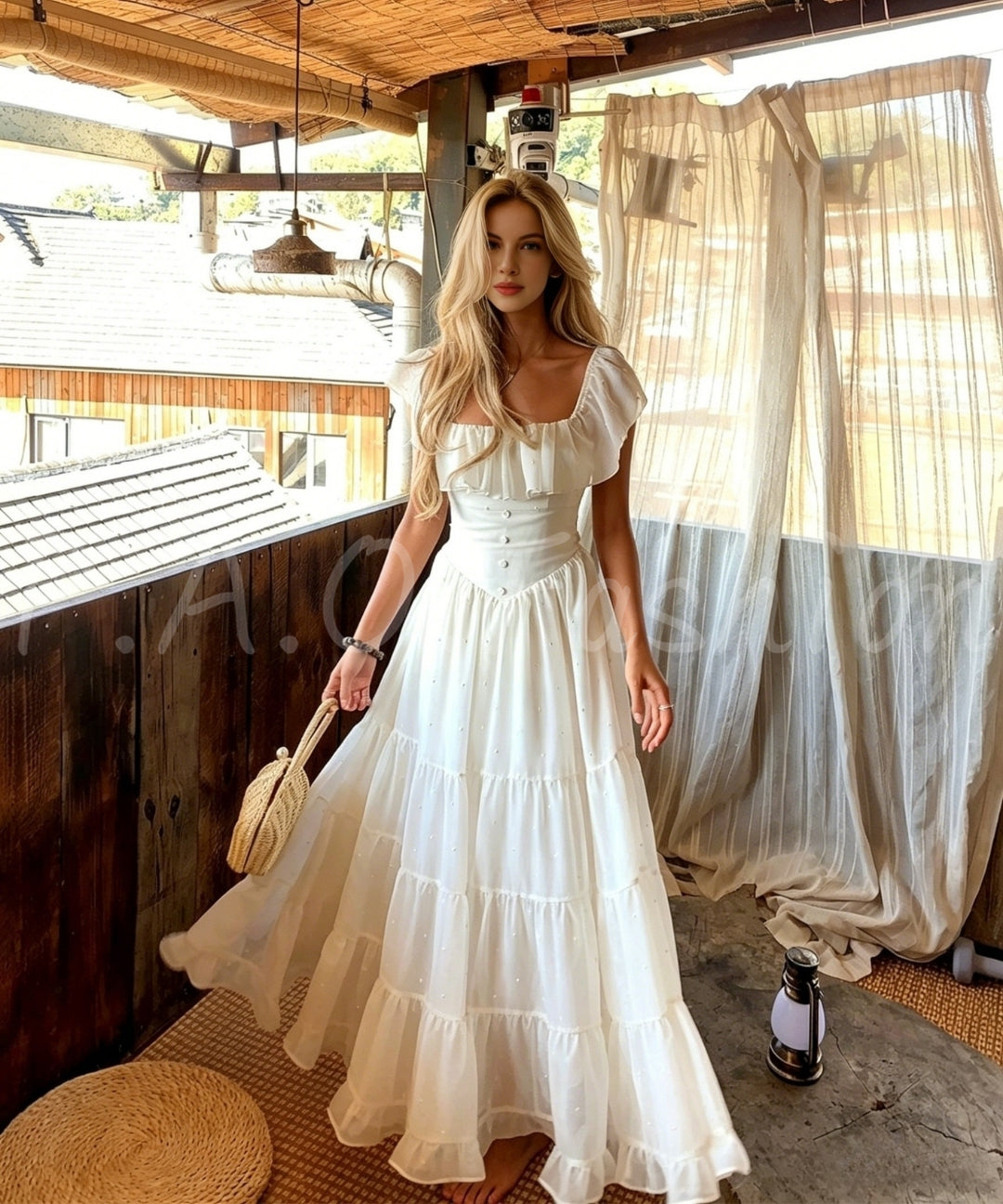 Square Neck Ruffle Beaded Maxi Dress[Available Now]