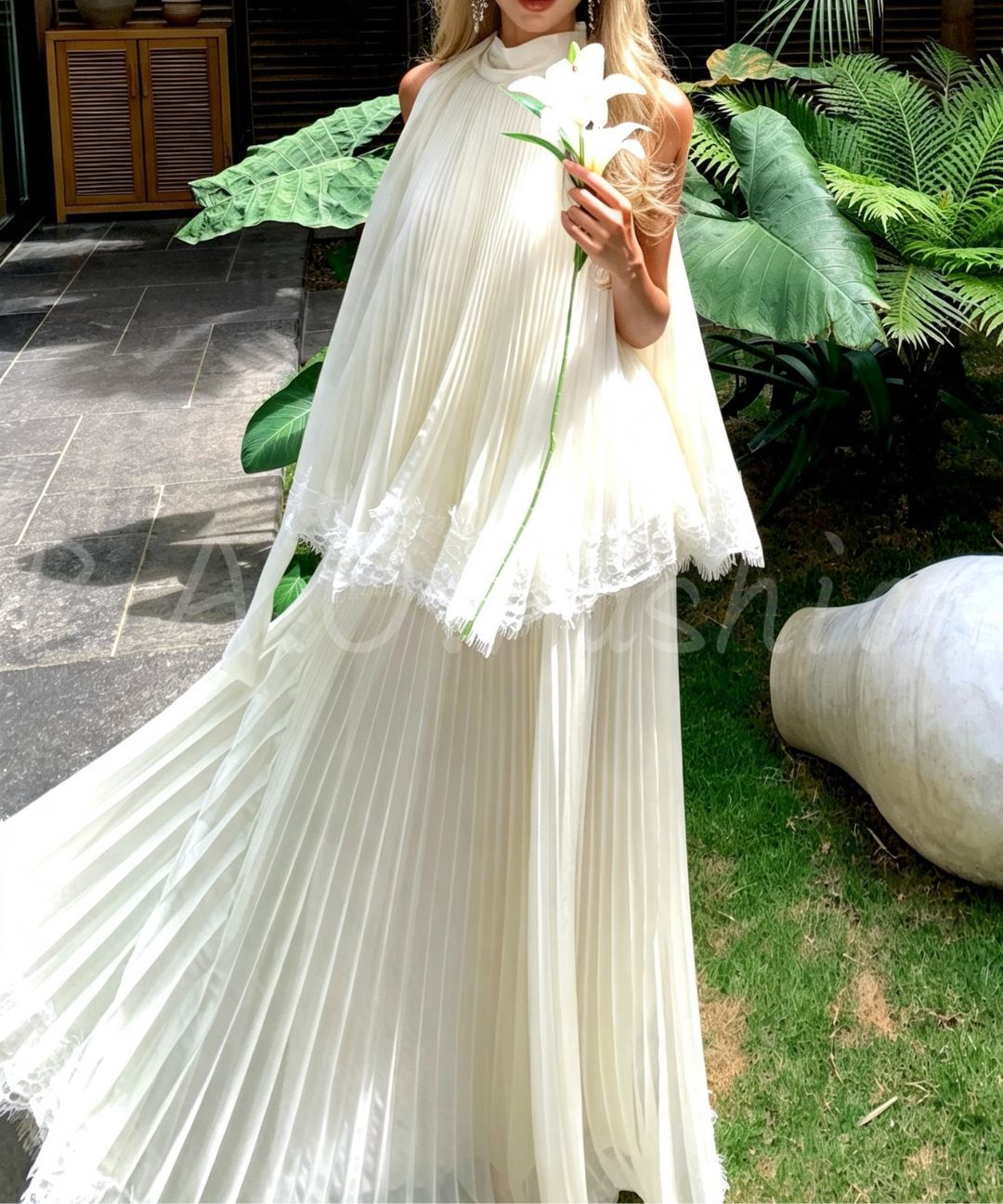 Halter Pleated Lace Maxi Skirt Two-Piece Set