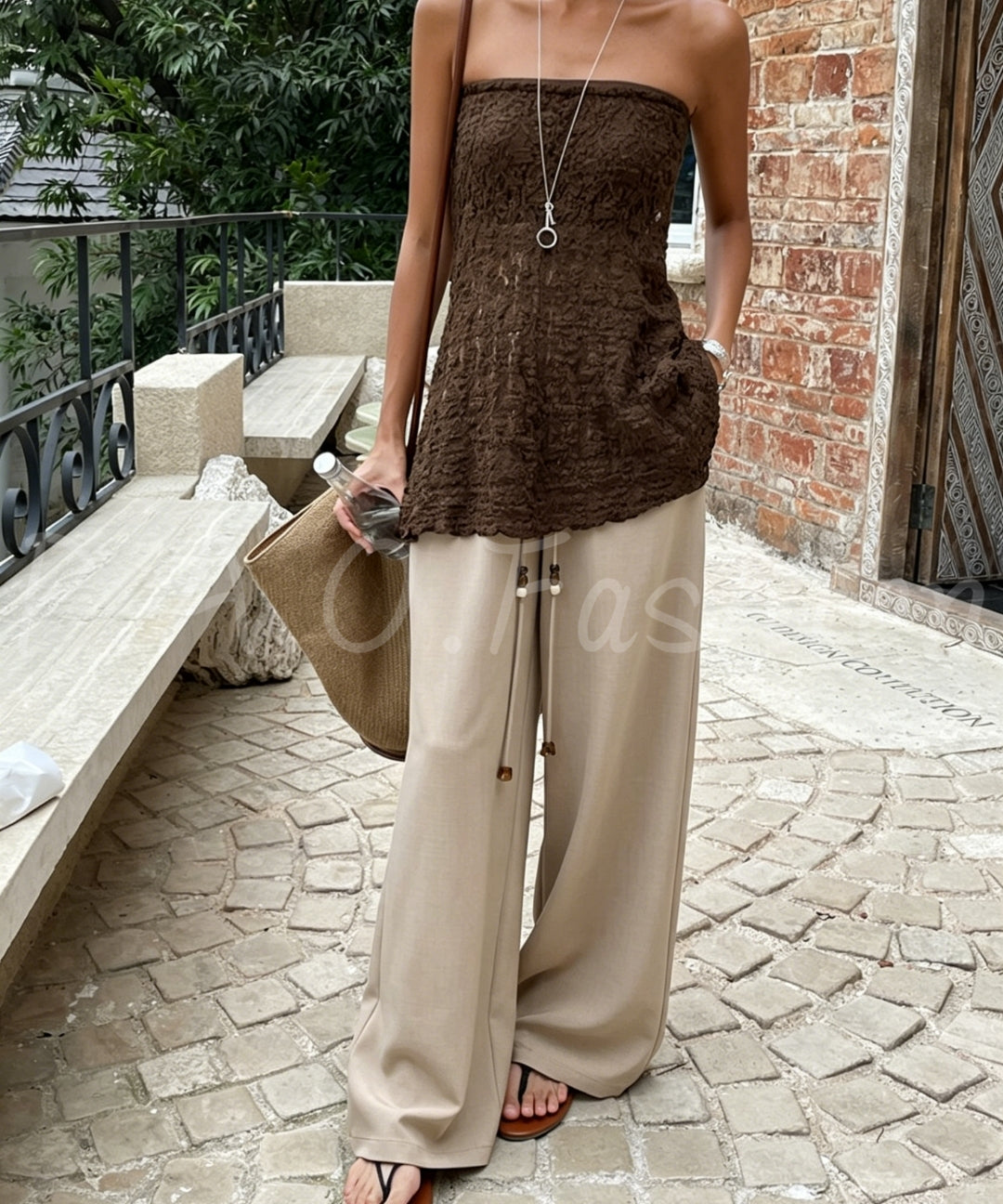 Draped Wide-Leg Pants with Beaded Drawstring[Available Now]