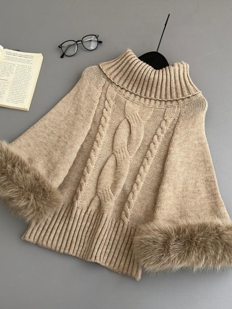 Faux Fox Fur Cuff Turtleneck Wool-Blend Cable Knit Sweater