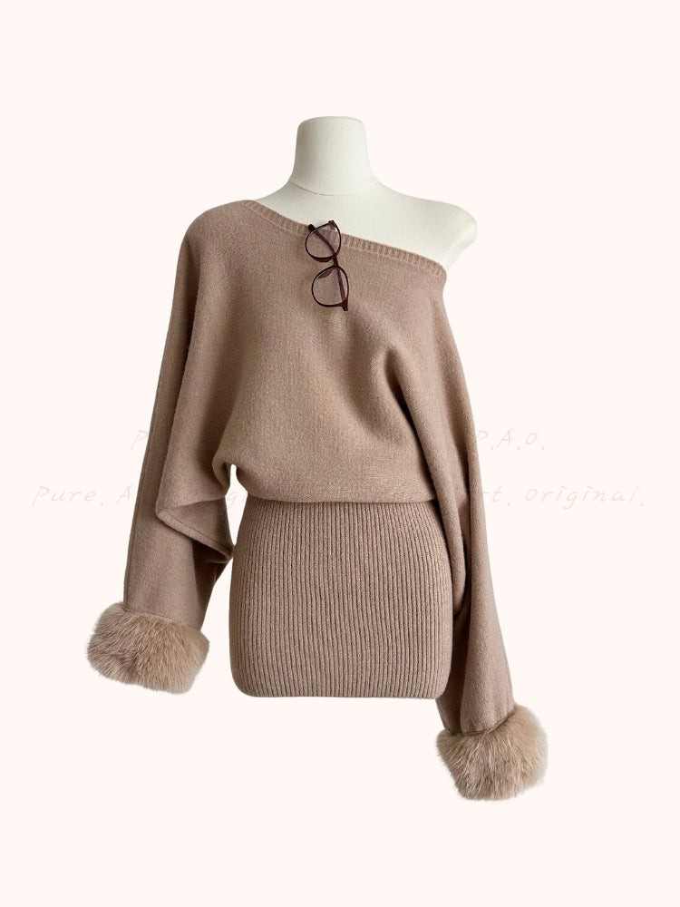 Eco Faux Fox Fur Off-Shoulder Knit Mini Dress