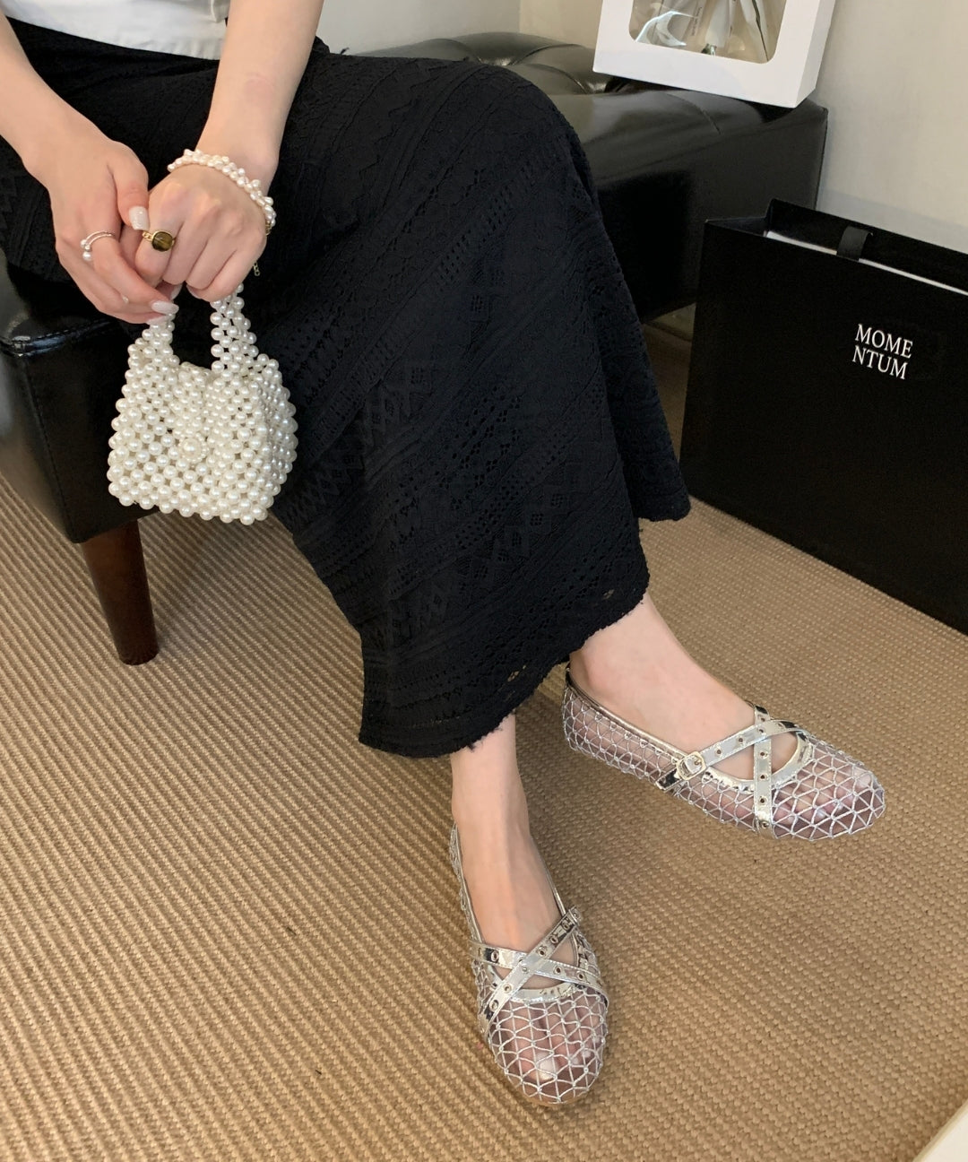 Fishnet Mesh Mary Jane Flats with Double Strap