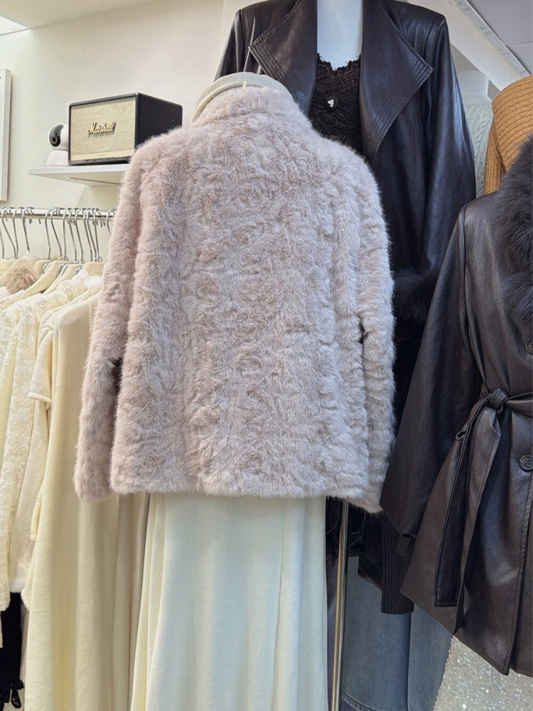 Soft Gold Mink Faux Fur Short Coat with Large Collar