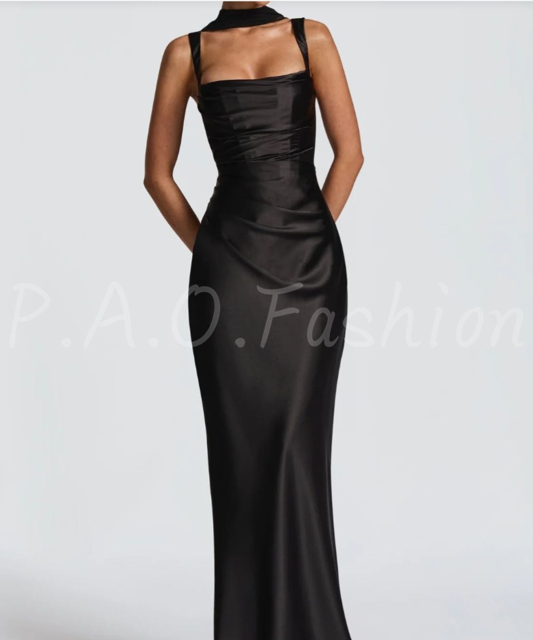 Satin Mermaid Maxi Gown with Halter Scarf