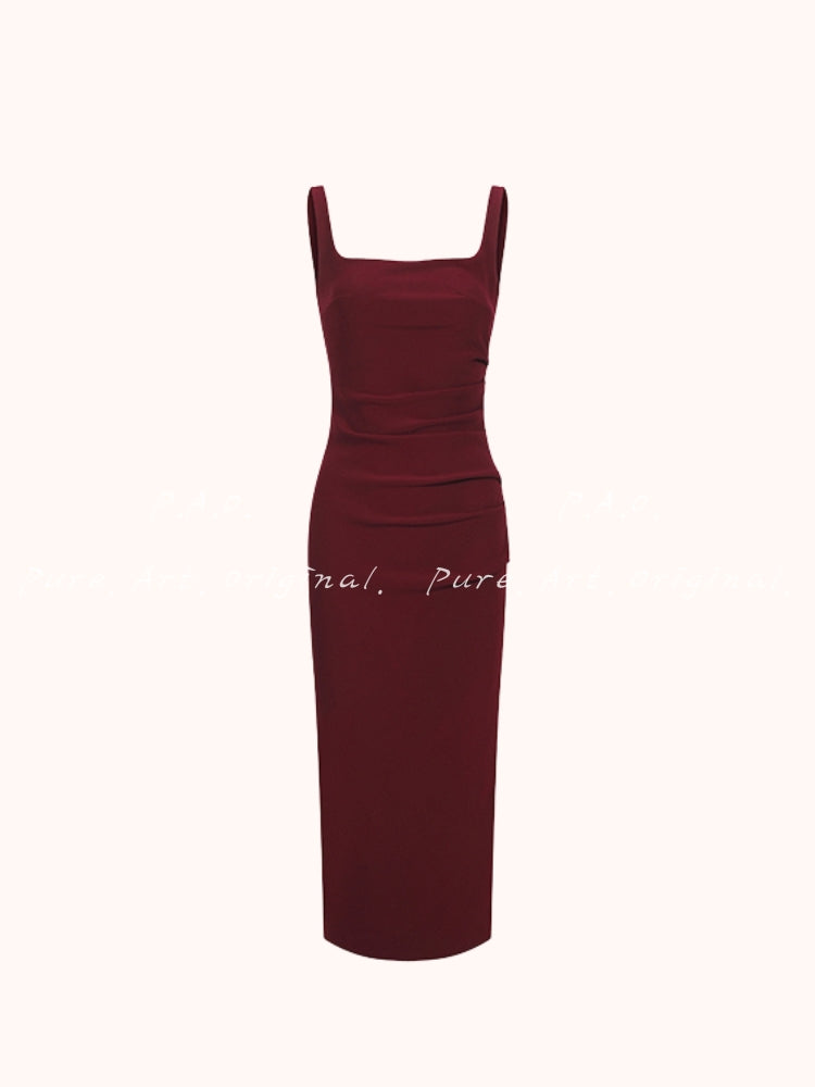 Square Neck Ruched Bodycon Midi Dress