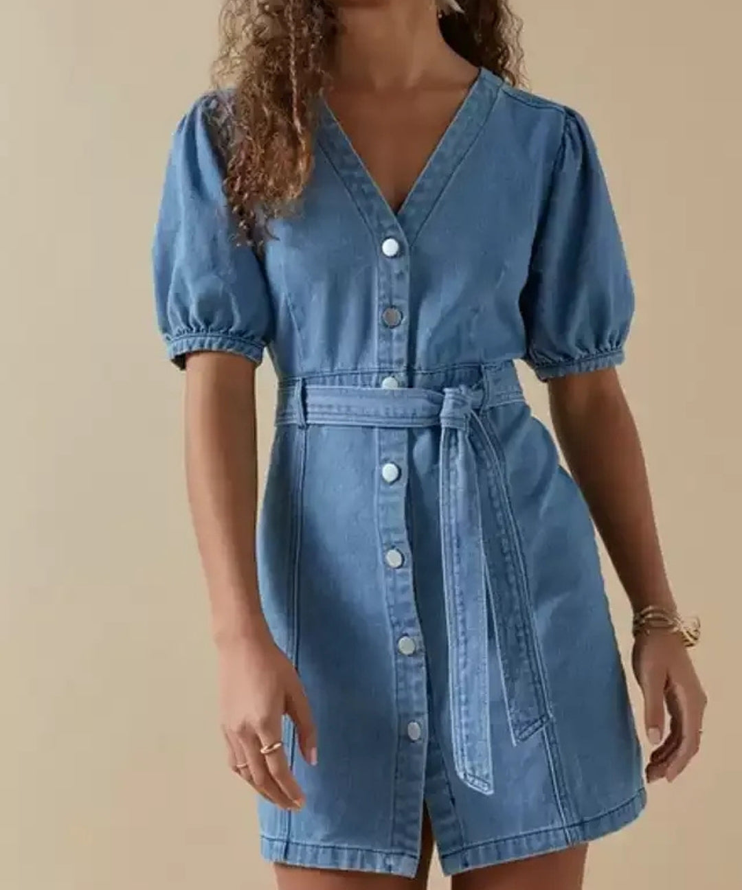 V-Neck Puff Sleeve Denim Mini Dress