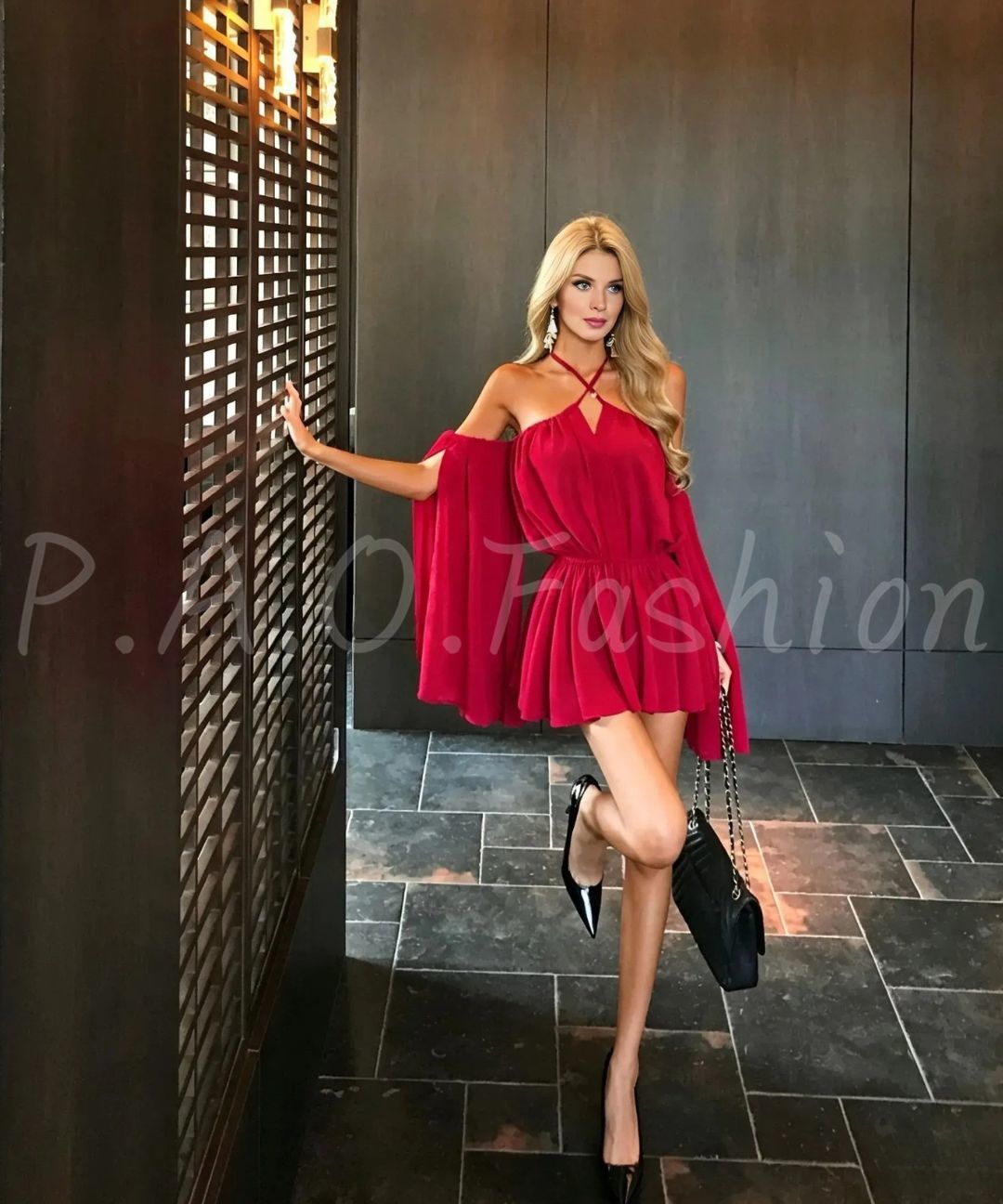Burgundy Halter Off-Shoulder Chiffon Mini Dress