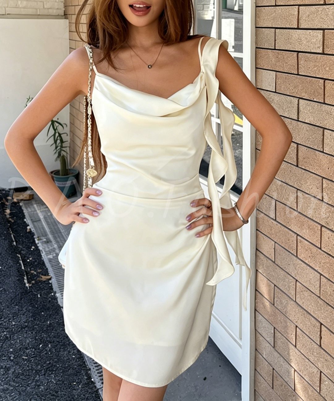 Asymmetric Satin Ribbon Mini Dress