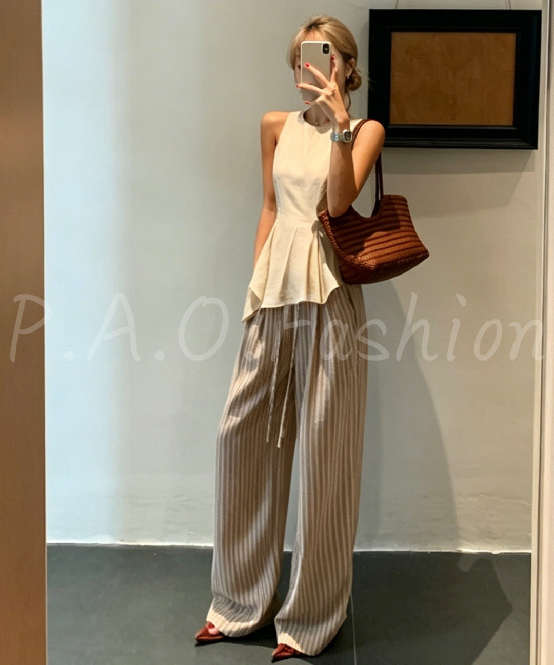 Asymmetrical Waist-Detail Sleeveless Top & Striped Wide-Leg Two-Piece Set