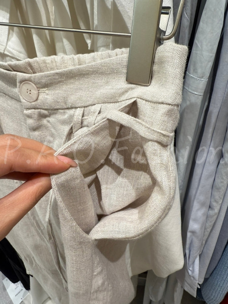 French Relaxed Linen Drawstring Wide-Leg Pants