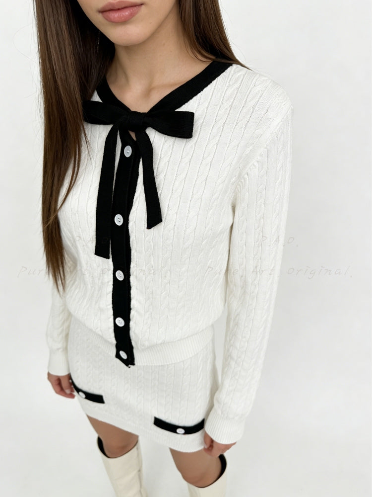 Contrast Bow Knit Cardigan & Mini Skirt Two-Piece Set