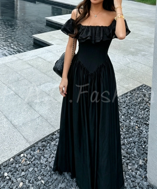 Off-Shoulder Ruffle Corset Maxi Dress