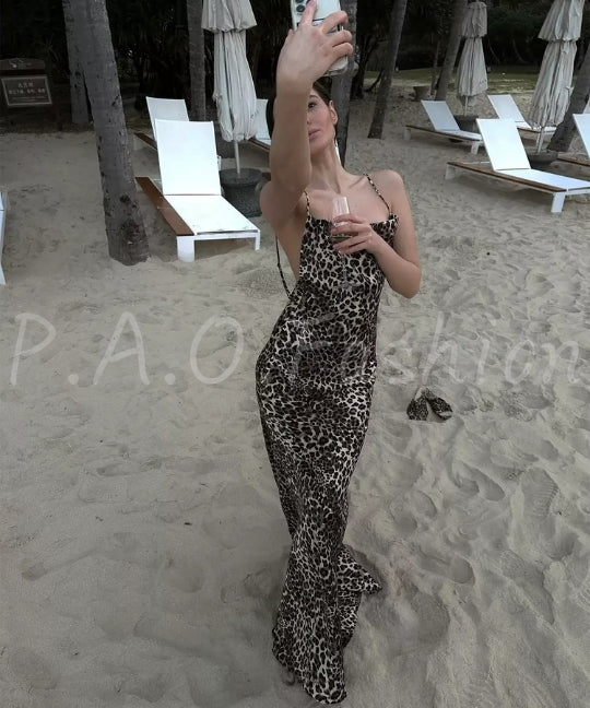 Leopard Print Backless Mermaid Maxi Dress