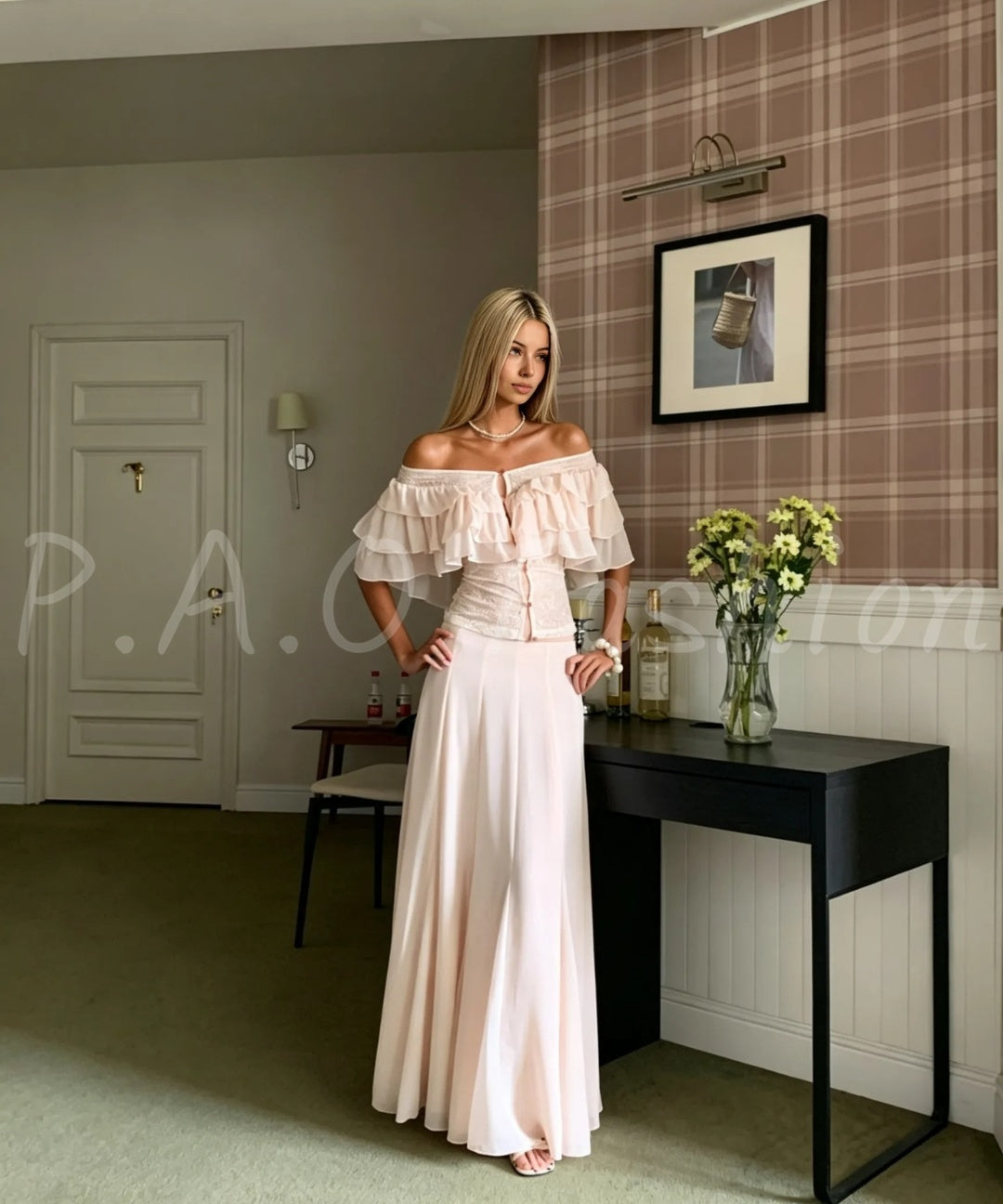Off-Shoulder Ruffle Lace Top & Flowing Maxi Skirt Two-Piece Set