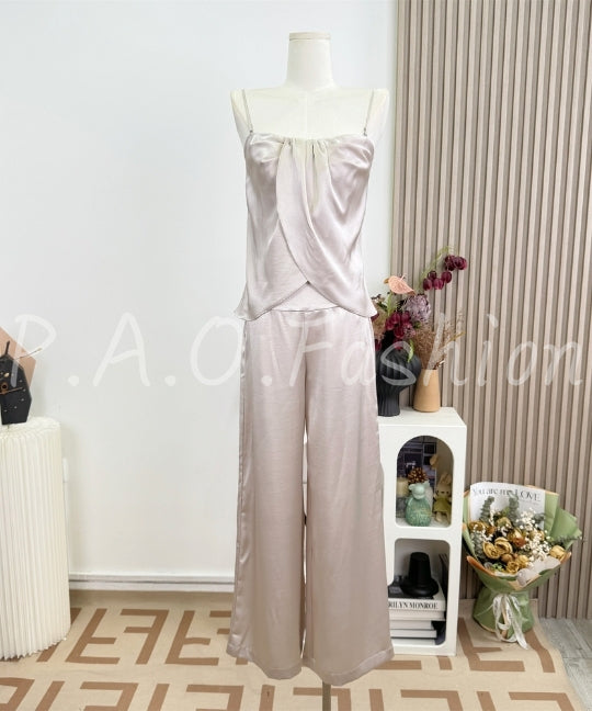 Satin Halter Scarf Top & Wide-Leg Pants Set