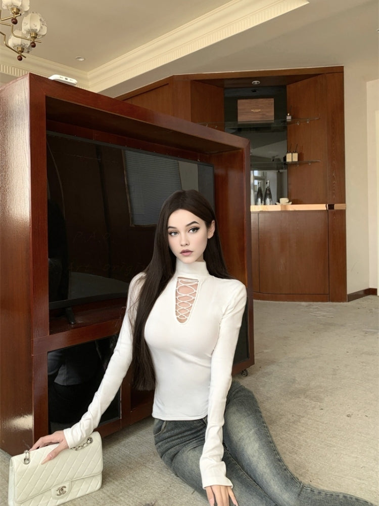 High-Neck Cutout Design Long Sleeve T-Shirt