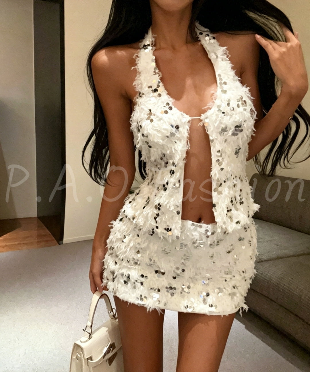Sequin Feather Halter Top & Skirt Set[Available Now]