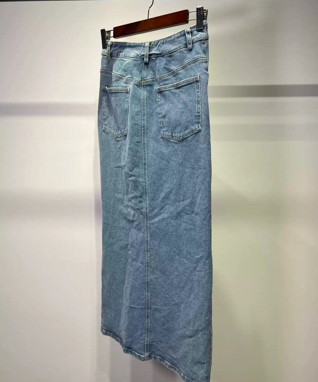 High-Waisted Front Slit Denim Straight Maxi Skirt