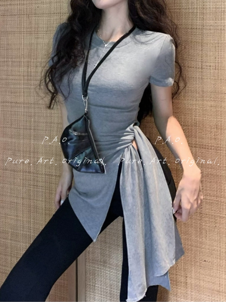 Side Ruched Tie-Up Crop Tee
