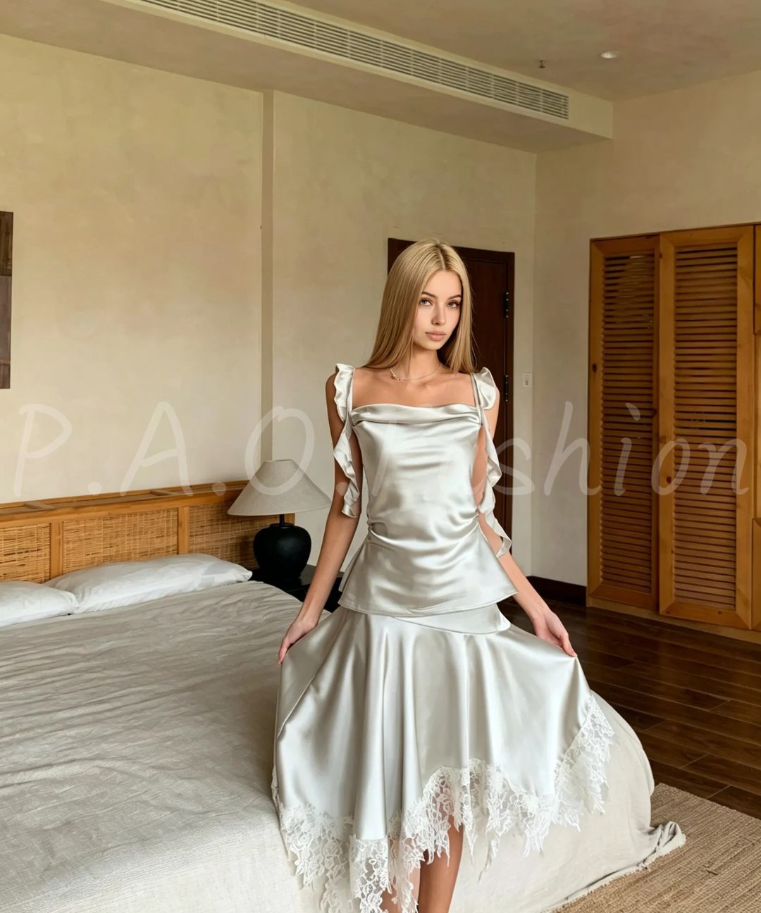 Pearl Satin Cowl Neck Top & Asymmetric Lace Skirt Set