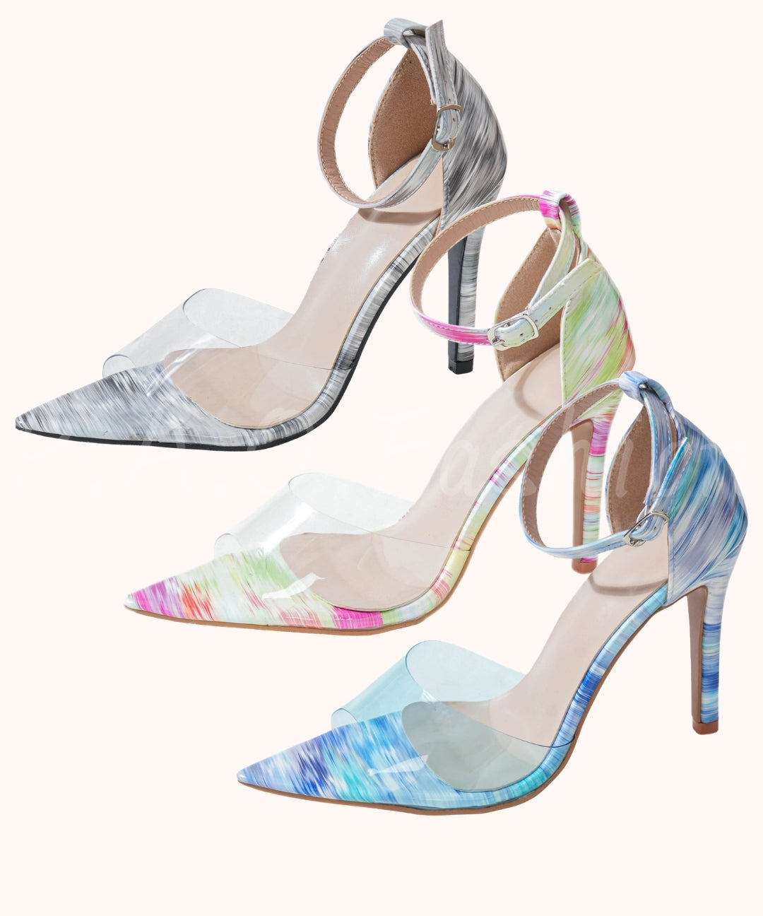Gradient Print Clear PVC Pointed Toe Heels