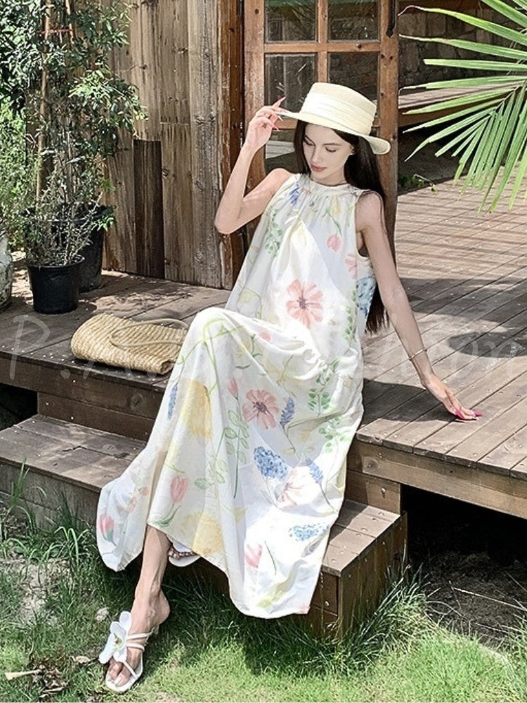 Boho Print Tassel Halter Flowy Maxi Dress