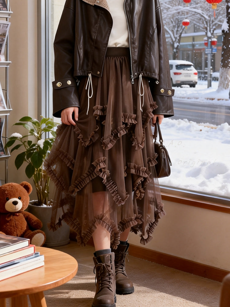 Ruffled Mesh Panel Midi Skirt