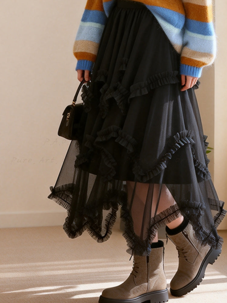 Ruffled Mesh Panel Midi Skirt