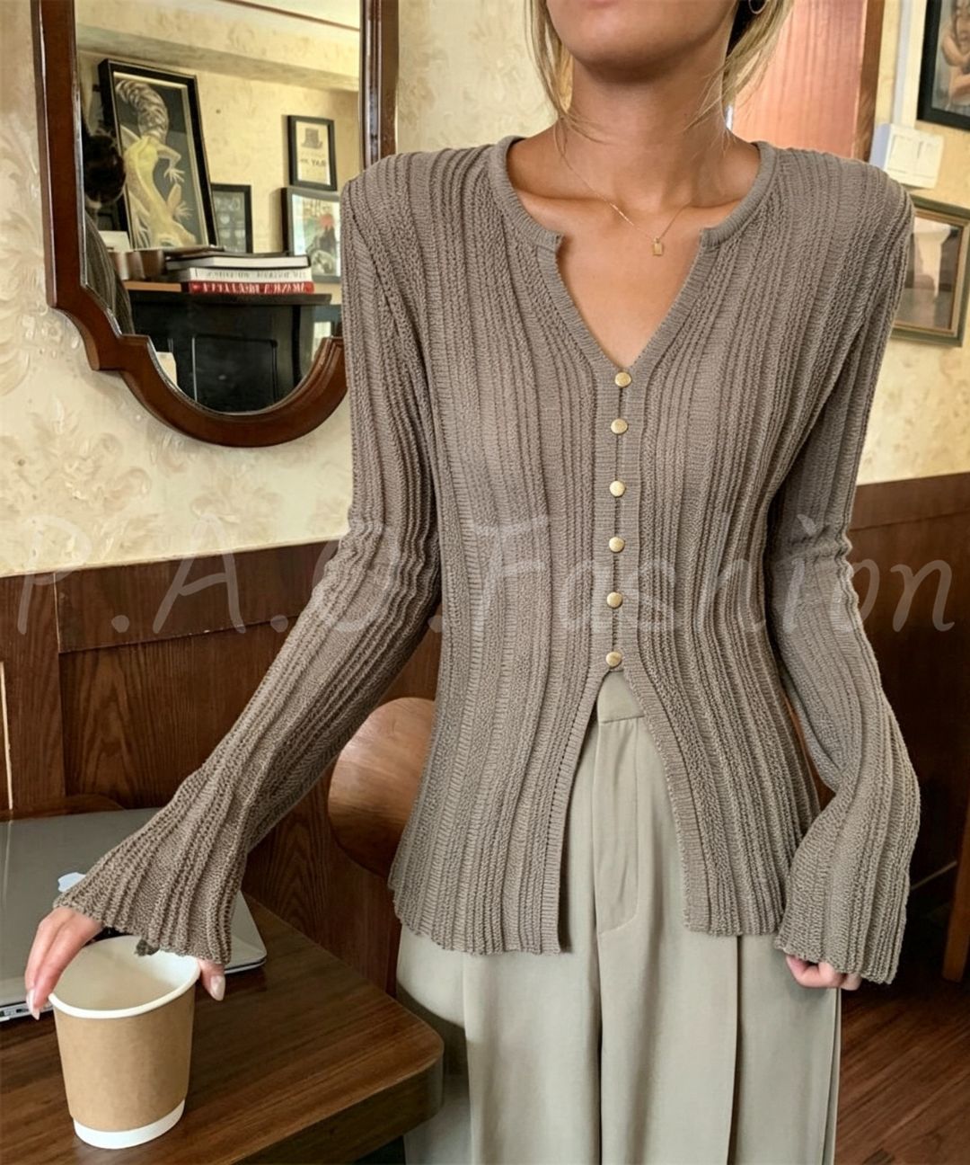 Ribbed V-Neck Button Knit Cardigan