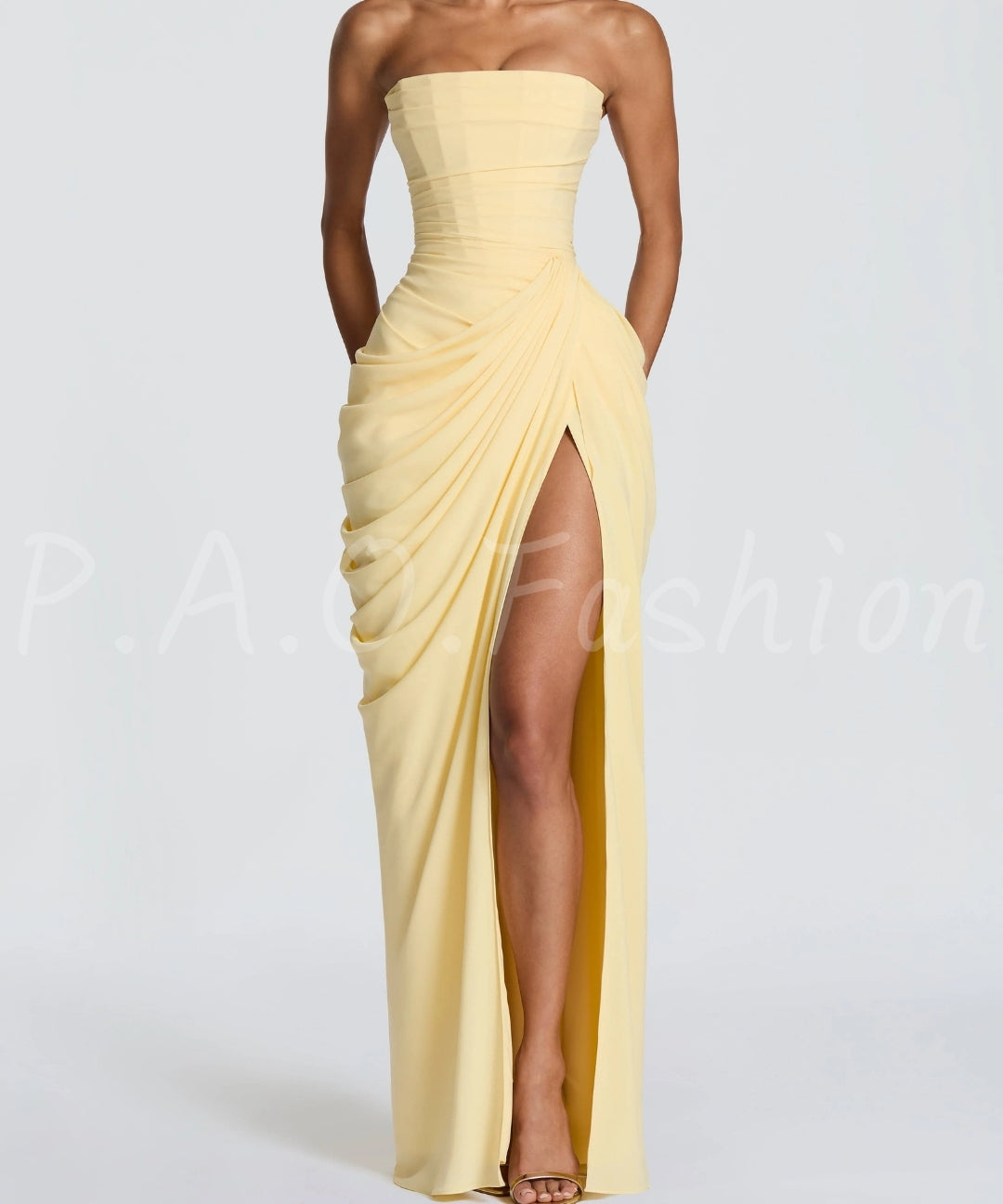 Strapless Ruched Slit Maxi Dress[Available Now]