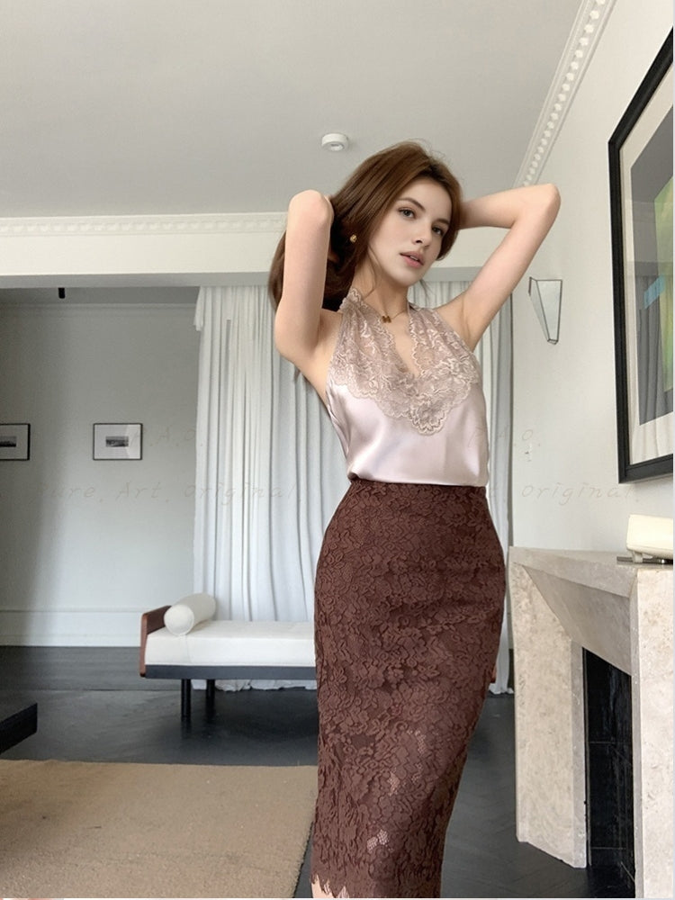 Lace Panel Halter Neck Cami