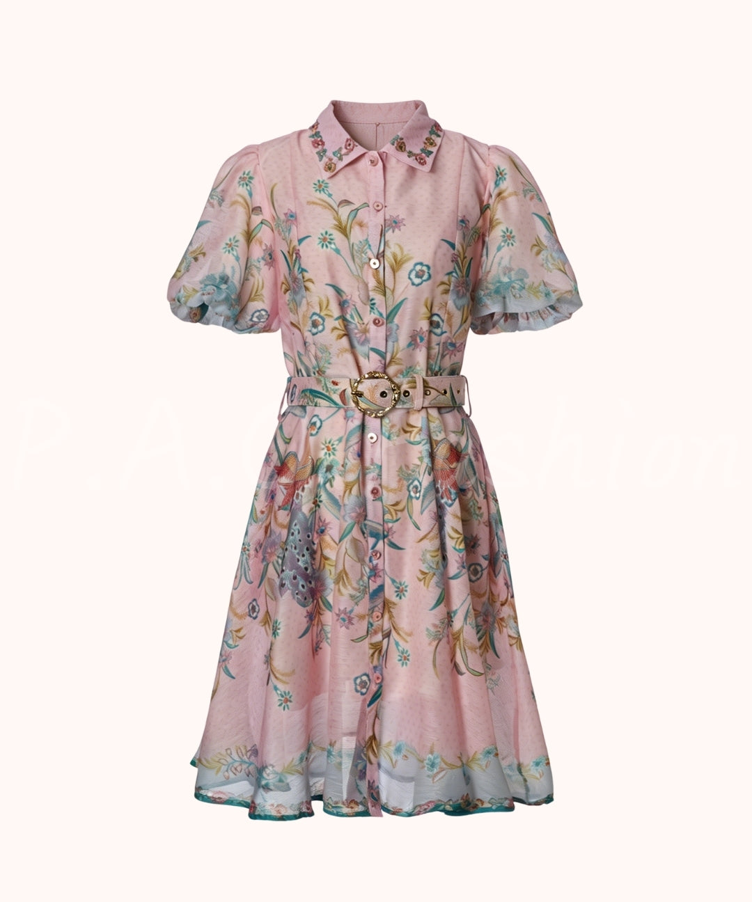 Garden Print Puff Sleeve Waist Dress[Available Now]
