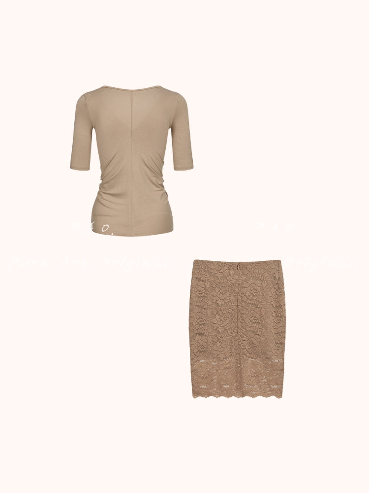 V-Neck Ruched Knit Top & Lace Pencil Skirt Set