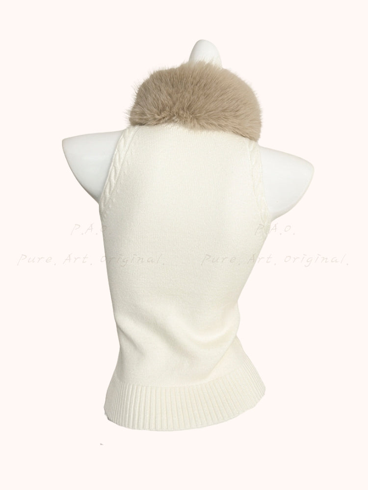 Bow-Tie Faux Fur Collar Knit Top