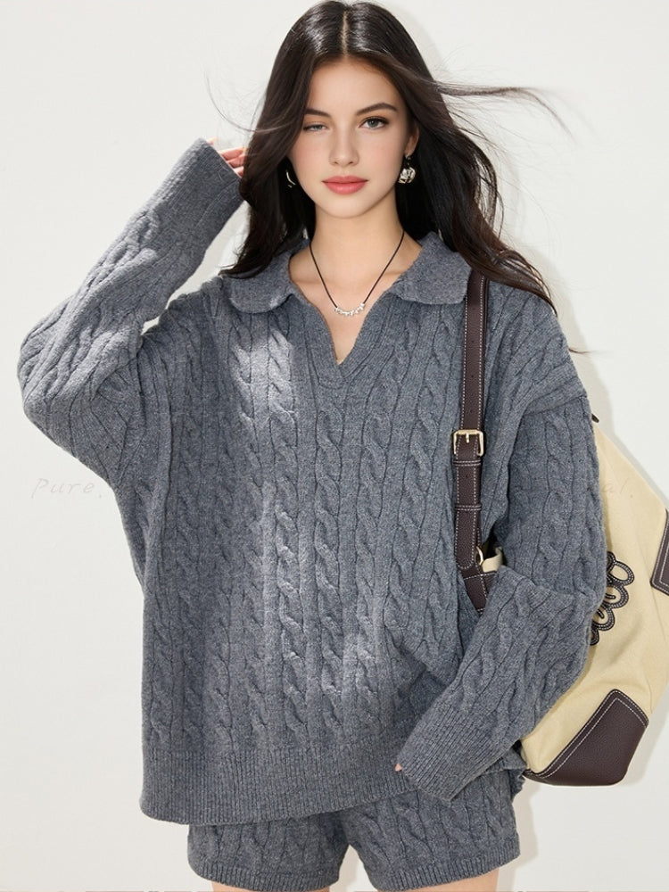 Polo Collar Cable-Knit Sweater & Shorts Two-Piece Set