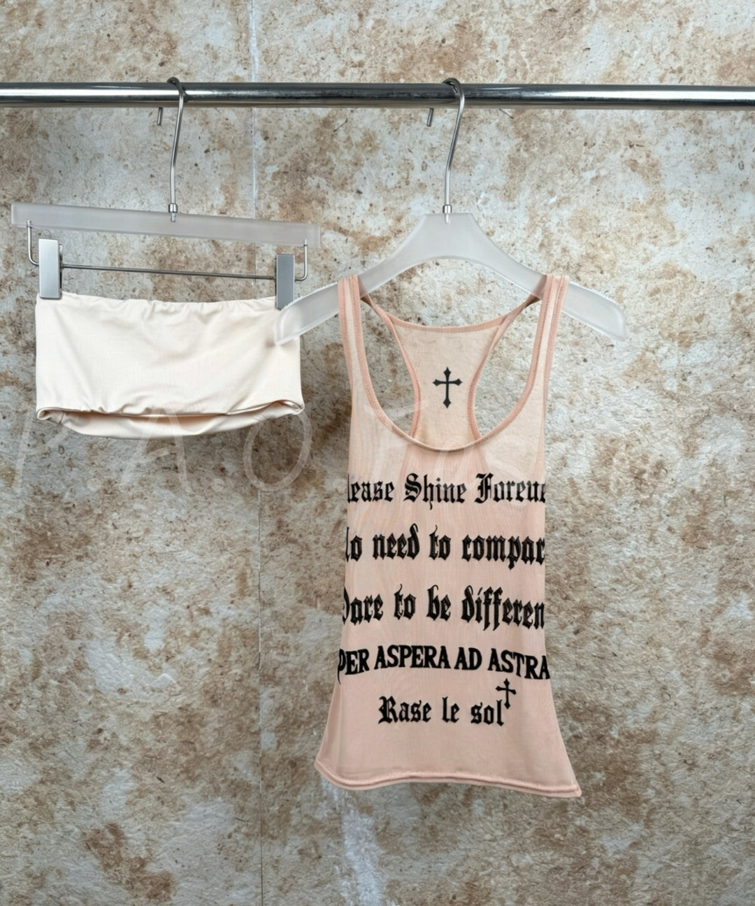 Flocked Letter Mesh Tank + Bandeau Set[Available Now]