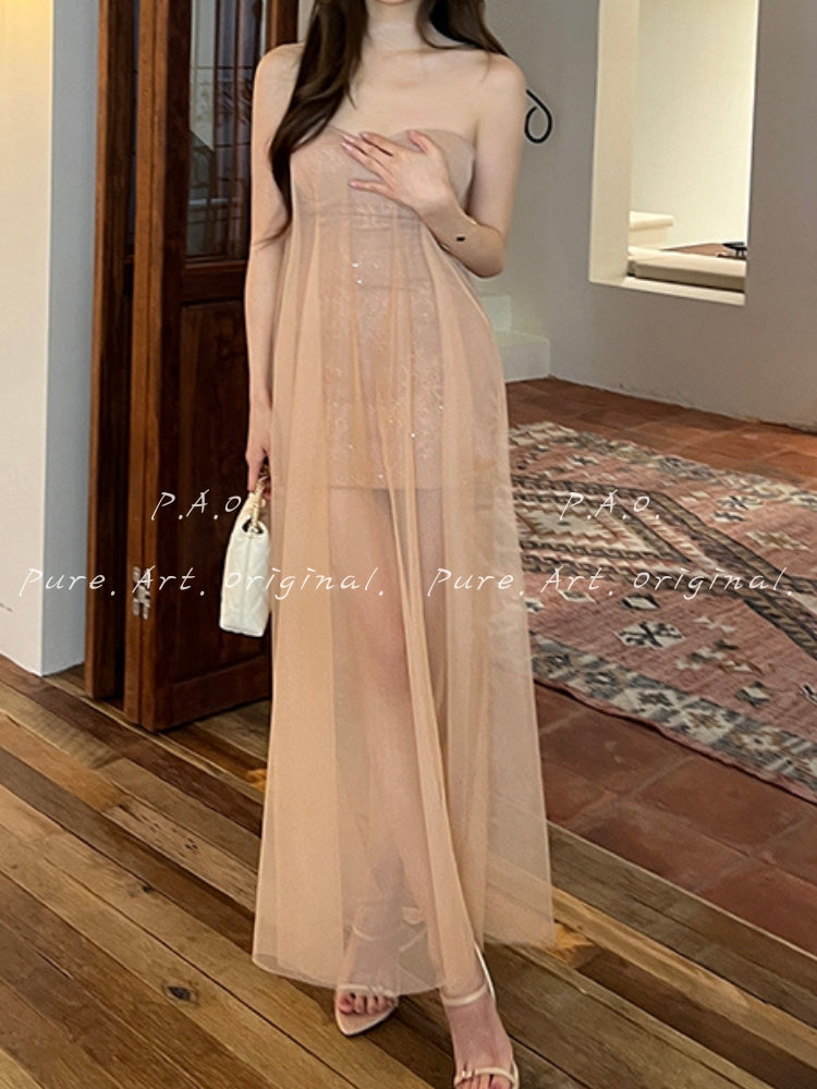Strapless Mesh Train Maxi Dress