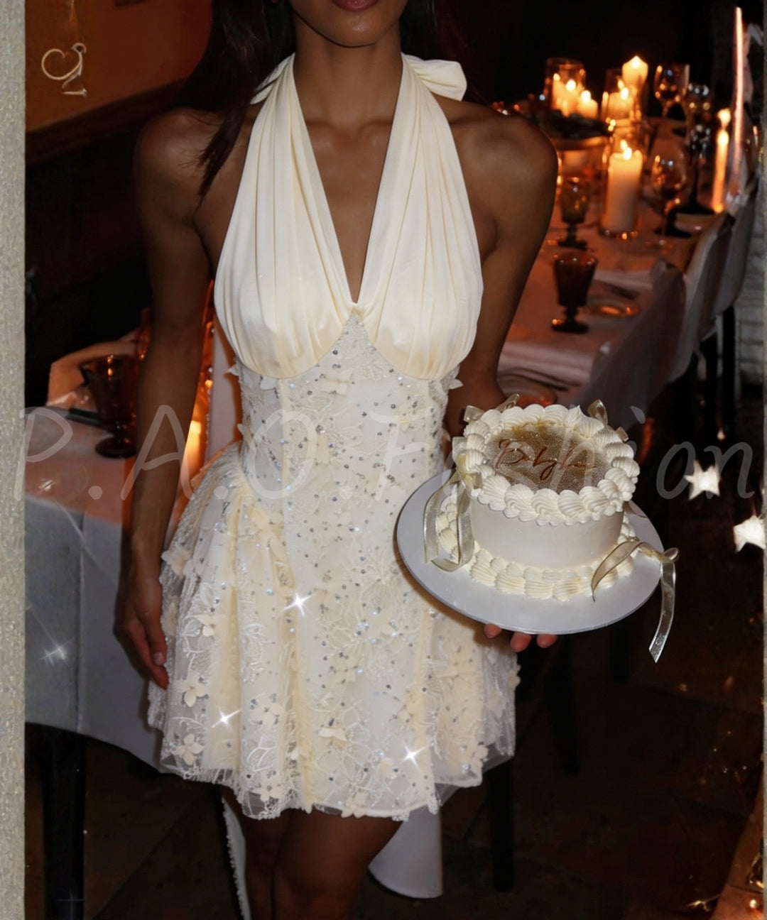 Halter Bow Sequin Lace Mini Dress[Available Now]