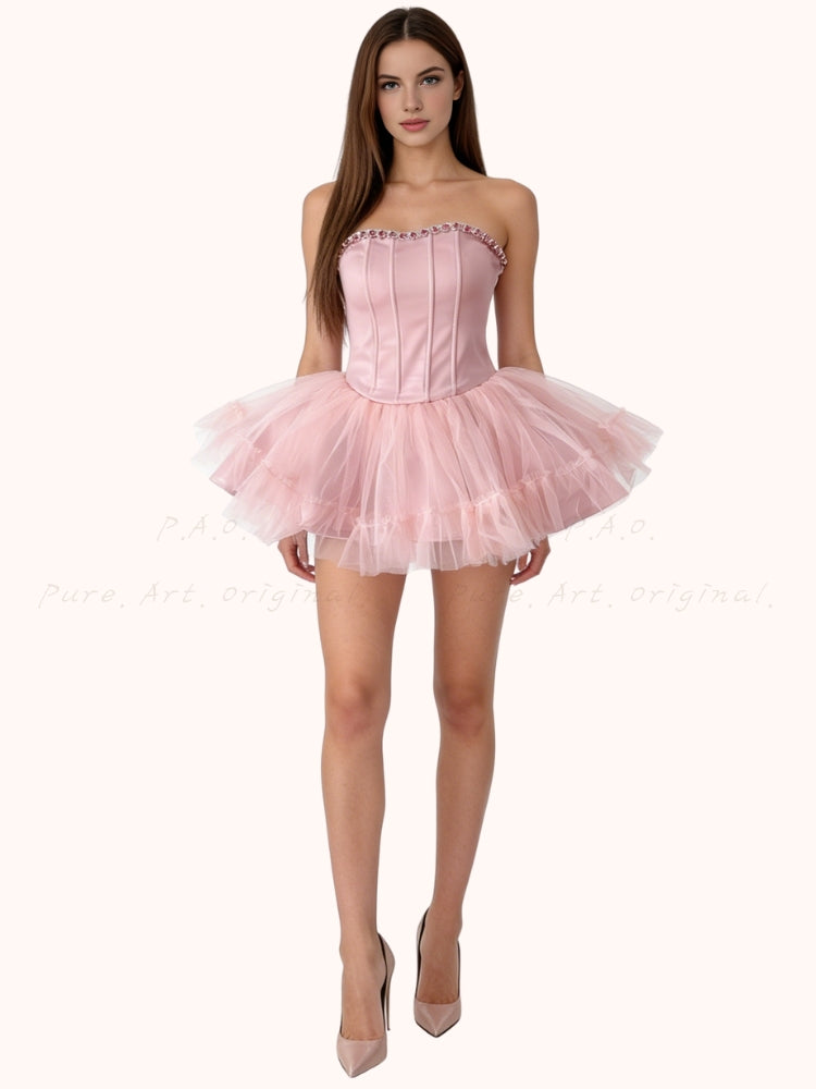 Rhinestone Corset Strapless Puff Mini Dress