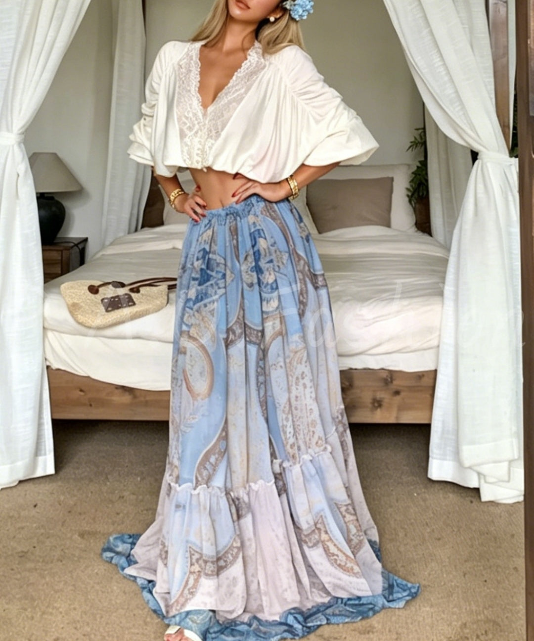 Bohemian Lace Print Two-Piece Skirt Set