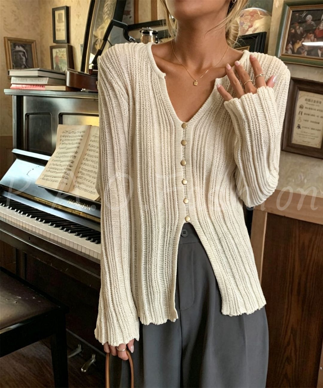 Ribbed V-Neck Button Knit Cardigan