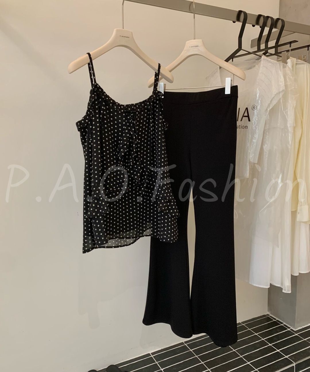 French Polka Dot Ruffle Cami & Wide-Leg Pants Set