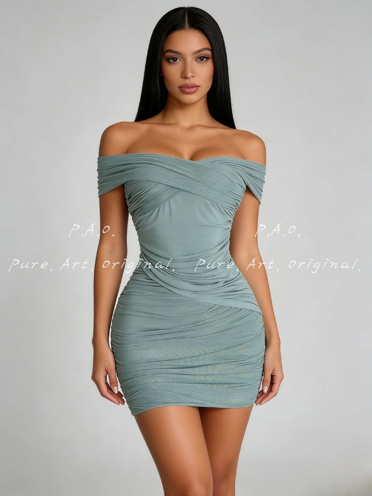 One-Shoulder Ruched Mesh Bodycon Mini Dress
