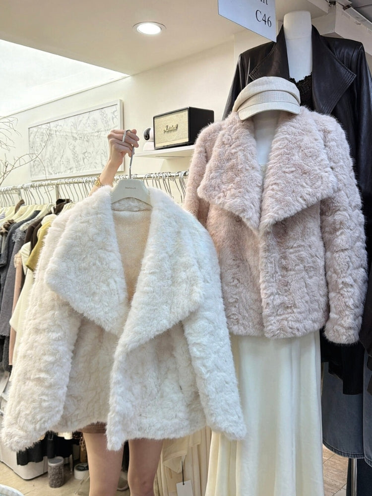 Soft Gold Mink Faux Fur Short Coat with Large Collar