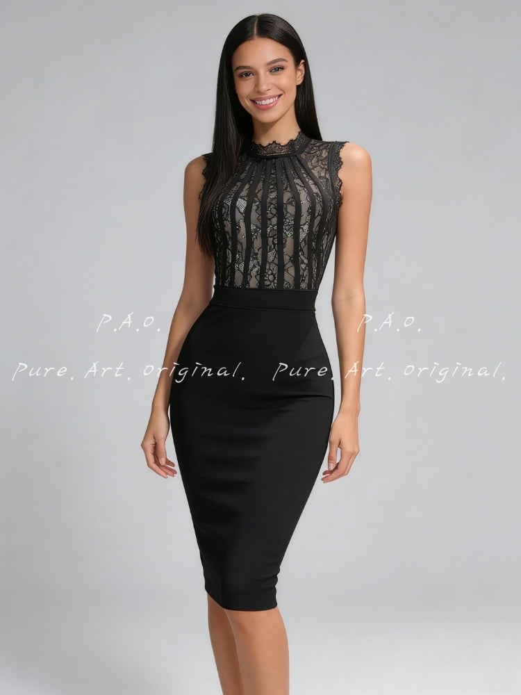 Lace High-Neck Sculpting Bandage Midi Dress
