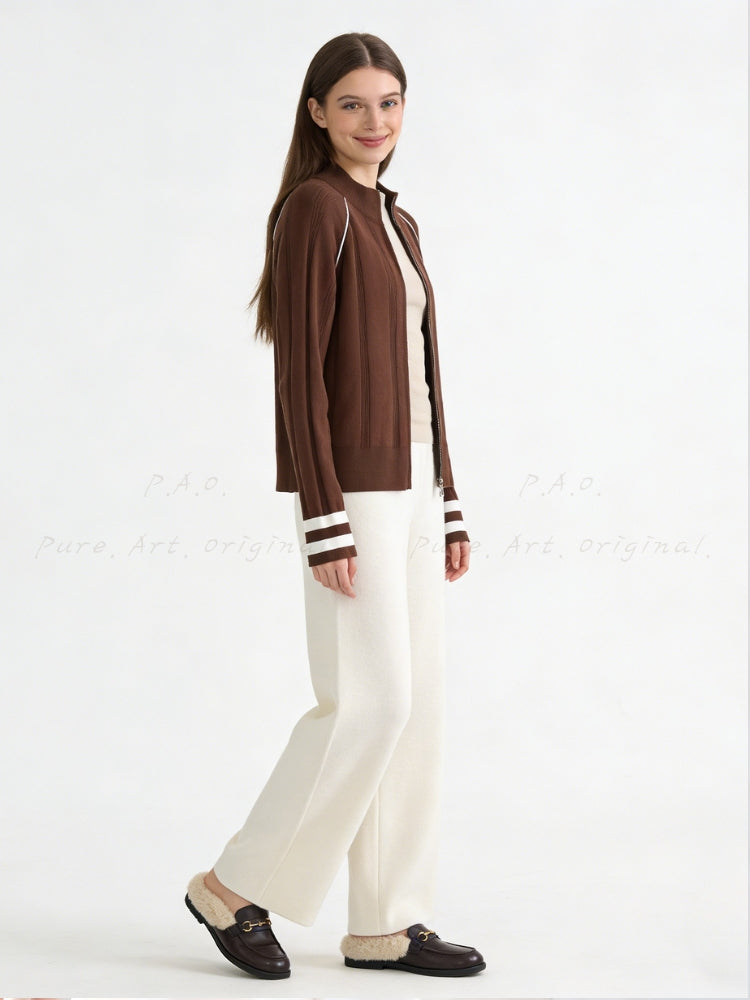 Vintage Contrast-Trim Zip Knit Cardigan