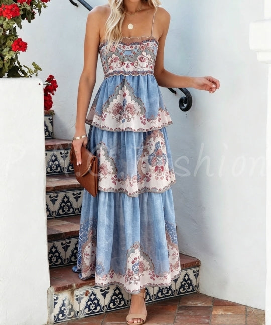 Paisley Print Lace-Up Back Tiered Maxi Dress[Available Now]