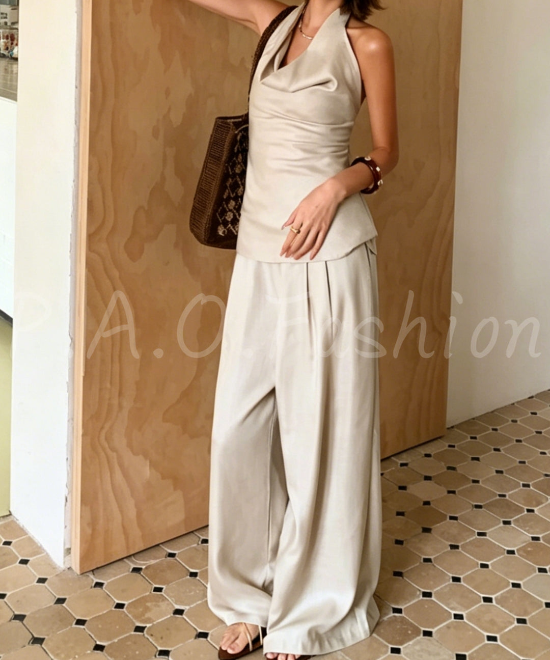 Draped Halter Top & Wide-Leg Pants Set[Available Now]